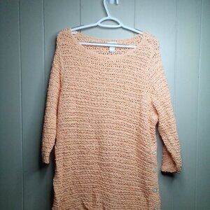 J Jill Sweater L Pullover Open Knit 3/4 Sleeve Button Detail Orange Peach Cotton
